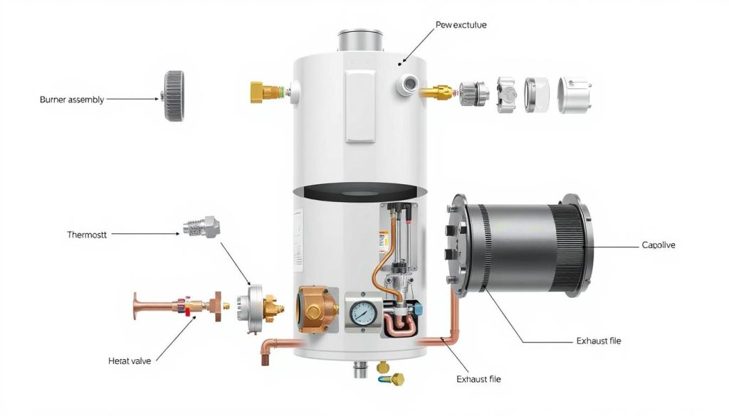 Diagram of key gas water heater components including burner, thermocouple, and gas valve