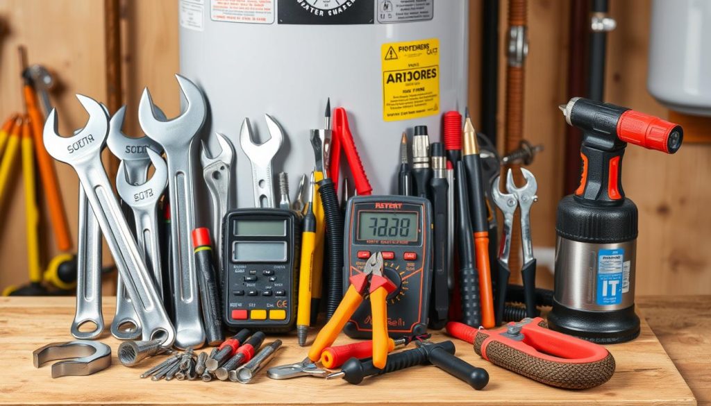 Essential tools for gas water heater repairs, including wrenches and multimeter